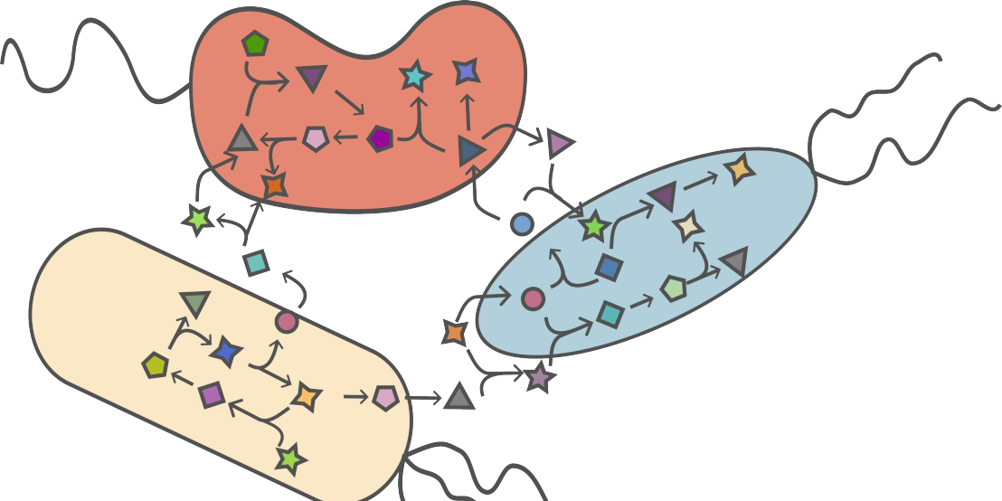 Cartoon of cells engaging in metabolite-mediated interactions